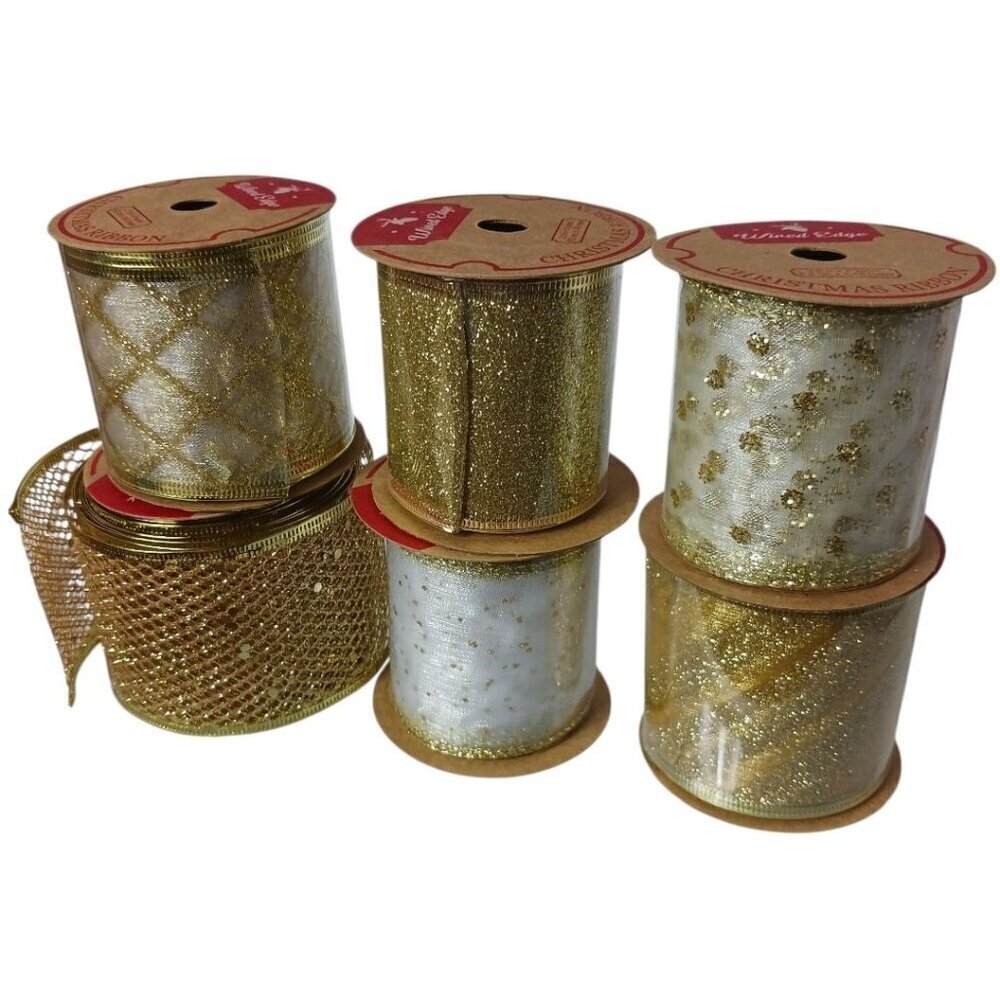 Meedee 2.5" Wired Edge Glitter Christmas Ribbon Set 6 Rolls Gold & White 36 Yard